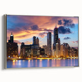 Framed canvas of a vintage-style Chicago landscape with colorful art accents, ideal for modern office decor.