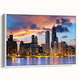 Vintage poster art of Chicago skyline in colorful tones on extra large framed canvas, ideal for living room decor.