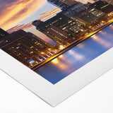 Art deco poster of Chicago skyline in muted metallic tones on rolled canvas, suitable for dining room wall art.