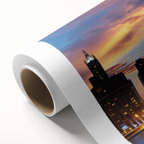Art Deco style Chicago skyline on rolled canvas, featuring muted blue and gray tones, ideal for nursery wall art.