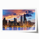 Chicago skyline in muted gray and blue tones on a large rolled canvas, suitable for dining room wall art.