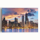 Black and white stretched canvas featuring a large-scale Chicago skyline, ideal for kitchen wall art.