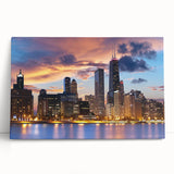 Black and white large art print of Chicago skyline on stretched canvas, ideal for kitchen wall art or bedroom.