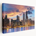 Large stretched canvas featuring a detailed Chicago skyline in muted gray tones, suitable as kitchen wall art.