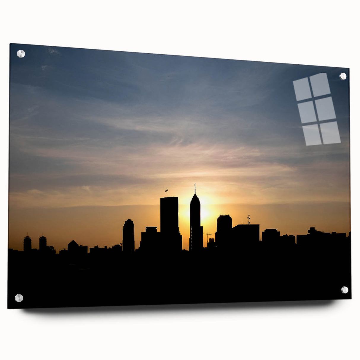 Acrylic print of Indianapolis skyline in muted blue and gray tones, suitable for dining room art.