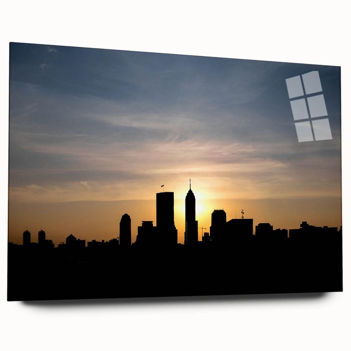 Acrylic print of a large abstract depiction of the Indianapolis skyline in muted blue and gray tones.