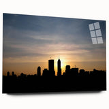 Acrylic print of a large abstract depiction of the Indianapolis skyline in muted blue and gray tones.