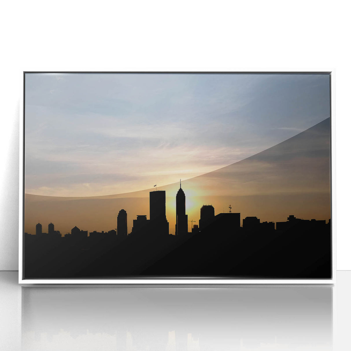 Acrylic print of Indianapolis skyline in art deco style with pastel hues, ideal for modern nursery decor.