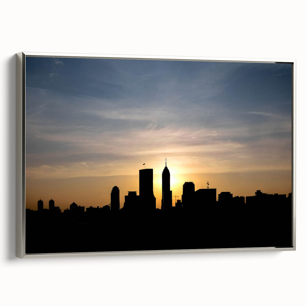 Framed canvas landscape art painting of Indianapolis skyline in vibrant colors, ideal for living room decor.