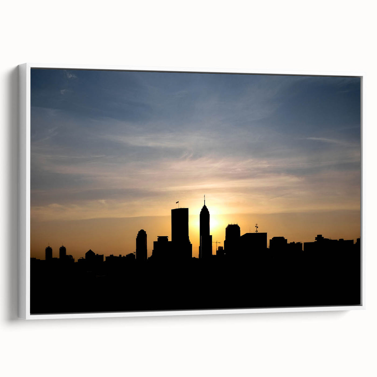 Vintage poster art of Indianapolis skyline in colorful hues on extra-large framed canvas, suitable for living room decor.