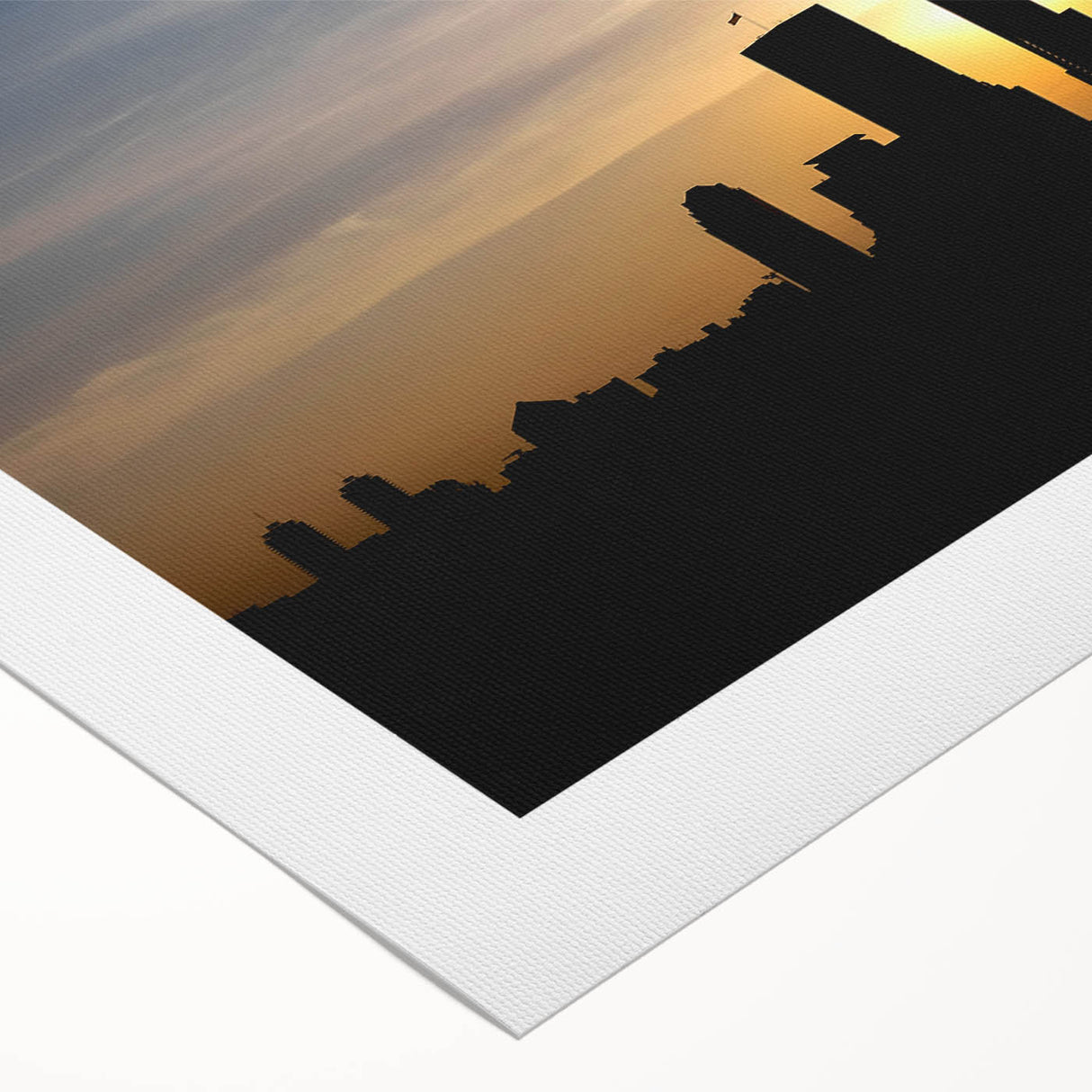 Art deco poster of Indianapolis skyline in muted gold and navy tones on rolled canvas, ideal for dining room wall art.
