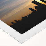 Art deco poster of Indianapolis skyline in muted gold and navy tones on rolled canvas, ideal for dining room wall art.