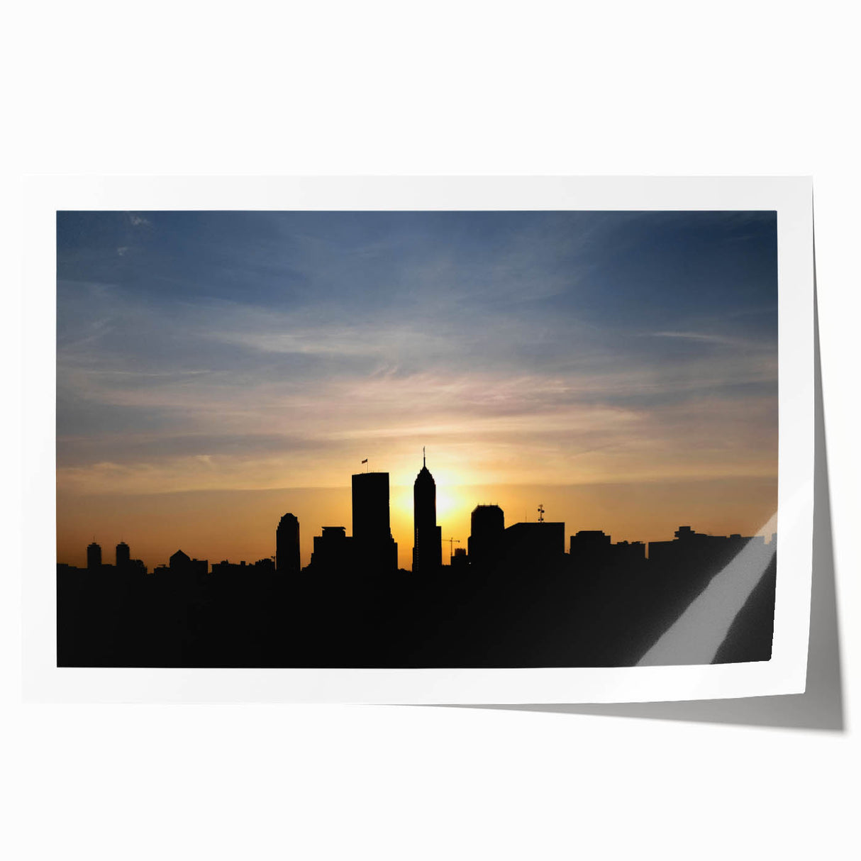 Extra large rolled print of Indianapolis skyline in muted gray and blue tones, ideal for art wall dining room.