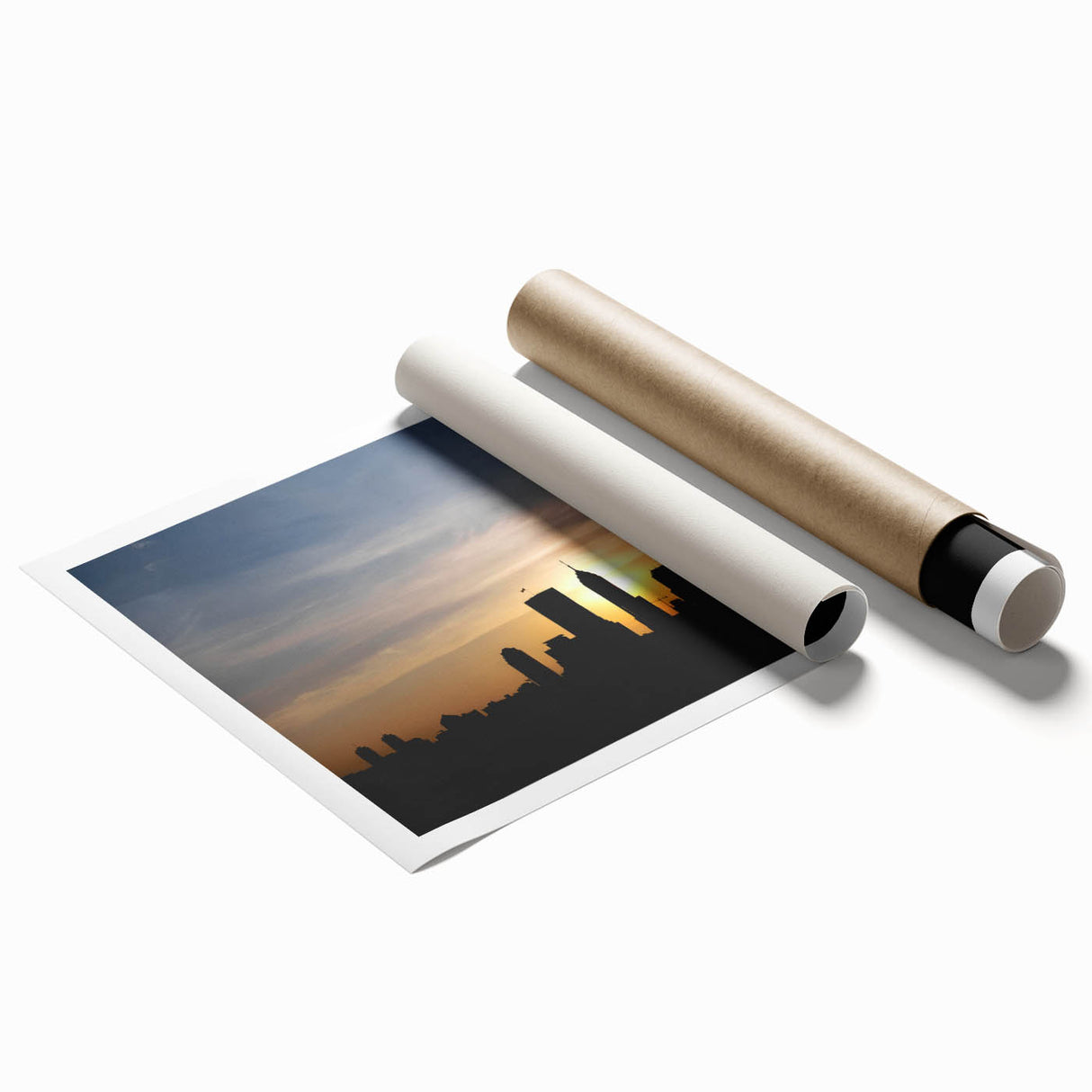 Extra large rolled print of Indianapolis skyline with floral motifs in muted tones, ideal for classy bathroom wall art.