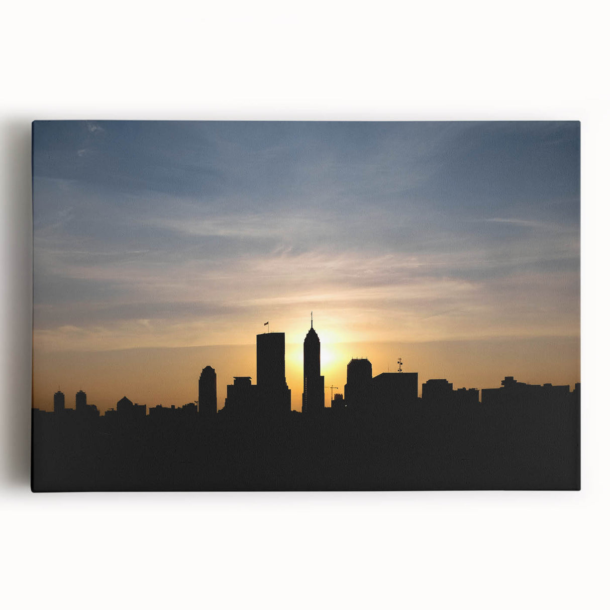 Black and white photo of Indianapolis skyline on large stretched canvas, suitable for kitchen wall art.