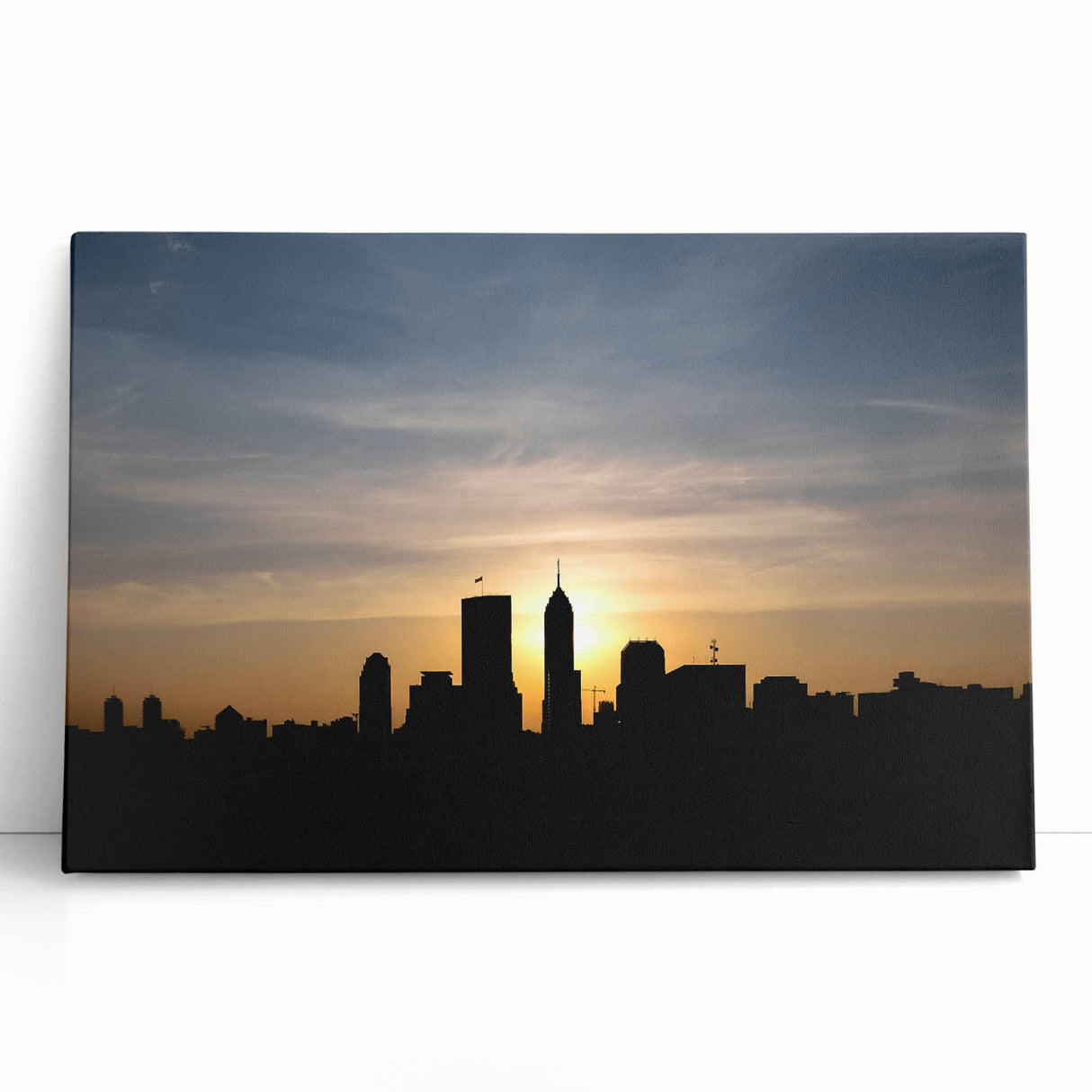 Black and white photo of Indianapolis skyline on stretched canvas, ideal for kitchen wall art.