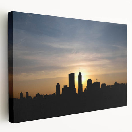 Canvas print of Indianapolis skyline in muted blue and gray tones, ideal for kitchen wall art.