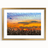 Extra large abstract art print of an Indiana landscape in textured gold frame, suited for living room decor.