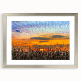 Textured abstract art print of an Indiana landscape in muted earth tones, framed in silver, ideal for bedroom decor.
