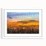 Abstract art print of Indiana scenery in muted earth tones, framed with a white mat, suitable for dining room decor.