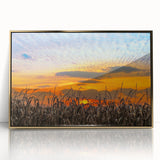 Mid-century modernist style Indiana landscape on a large acrylic print in gold frame, ideal for modern art wall decor.