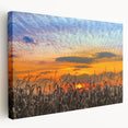 Side view of a stretched canvas featuring a serene Indiana landscape in soft green and blue tones.