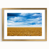 Abstract art print of Iowa scenery in textured gold frame, ideal for extra large wall art in a living room.