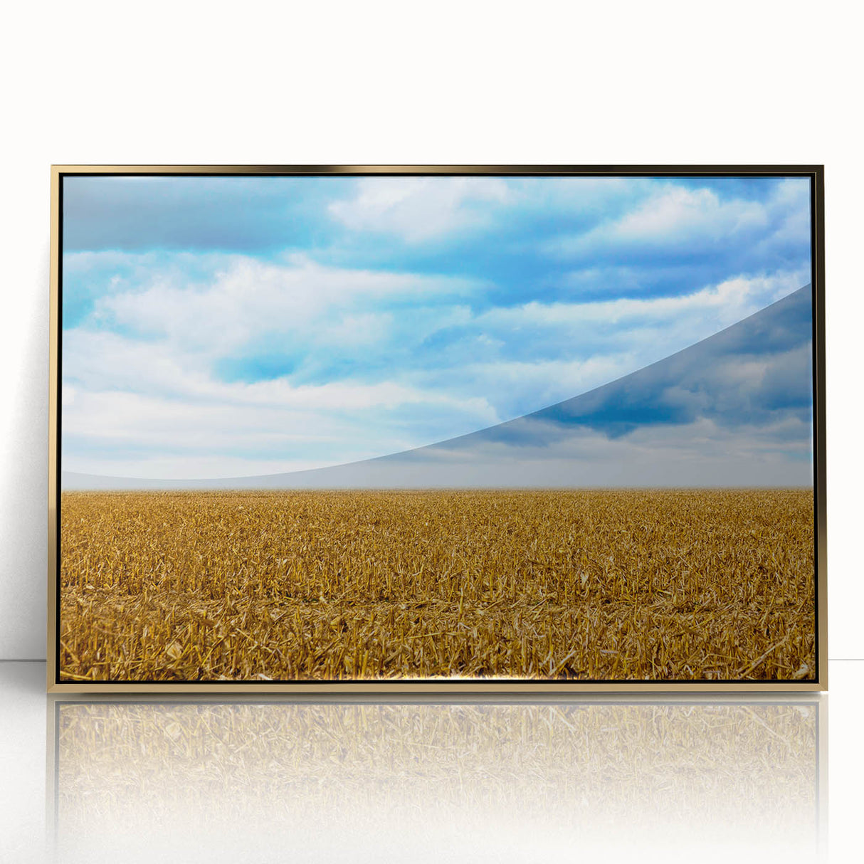 Mid-century modernist Iowa scenery in muted gold tones on framed acrylic, suitable for modern art wall decor.