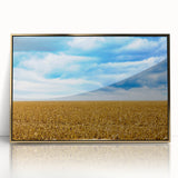 Mid-century modernist Iowa scenery in muted gold tones on framed acrylic, suitable for modern art wall decor.