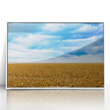 Art deco poster of Iowa scenery in muted green and blue tones on white acrylic, ideal for modern nursery wall art.