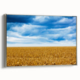Landscape art painting of a scenic Iowa view in vibrant colors on a silver-framed canvas, suitable for living room decor.