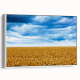 Vintage poster art of Iowa scenery on framed canvas, featuring colorful fields under a black sky.