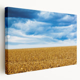 Side view of a stretched canvas depicting a serene Iowa landscape in soft green and blue tones.