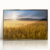 Mid-century modernist style large art print of a Kansas landscape in muted earth tones on a framed acrylic.