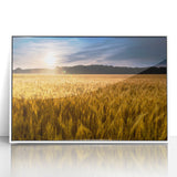 Art Deco poster of Kansas scenery in muted colors on white framed acrylic, suitable for modern nursery wall decor.