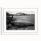 Abstract art print of Kentucky landscape in muted green and blue tones, framed in white, ideal for dining room decor.