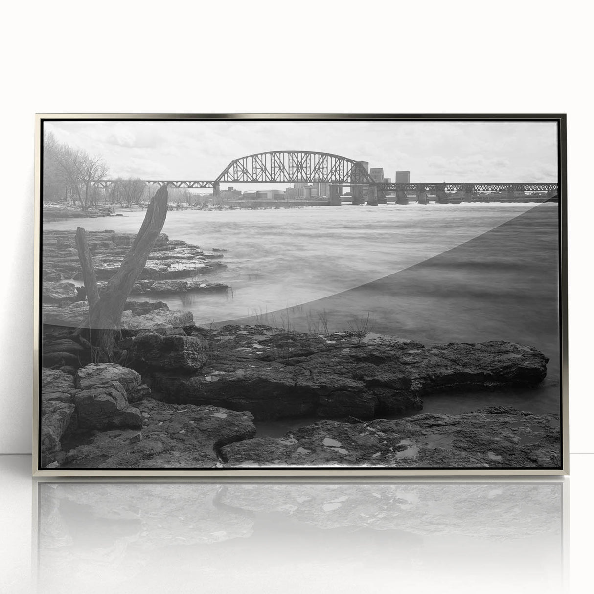 Mid-century modernist art depicting Kentucky scenery in muted earth tones on a silver-framed acrylic print.