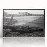 Mid-century modernist art depicting Kentucky scenery in muted earth tones on a silver-framed acrylic print.