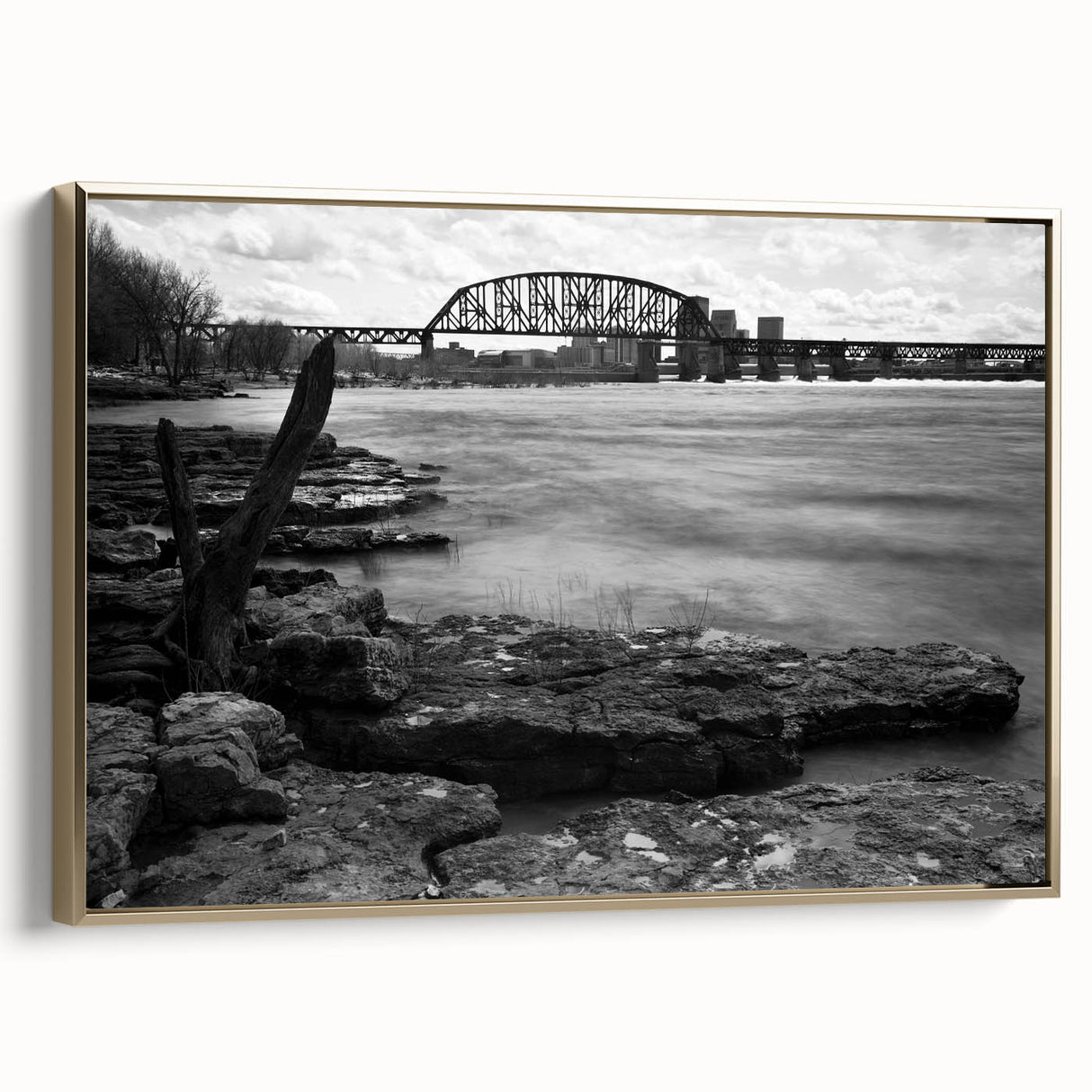 Framed canvas depicting a vintage-style Kentucky landscape in black and gold tones, ideal for bedroom wall art.