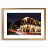Extra large abstract art print of New Orleans scenery in gold frame, featuring textured elements and soft color tones.