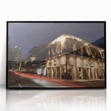 Large abstract wall art depicting a stylized New Orleans skyline in muted gray and blue tones on a framed acrylic.