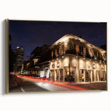 Framed canvas wall art depicting a vintage-style New Orleans landscape in black and gold tones, ideal for bedroom decor.