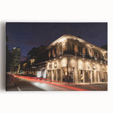 Black and white stretched canvas of New Orleans street scene in minimalist style, ideal for kitchen wall art.