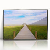 Mid-century modernist art depicting Louisiana scenery in muted earth tones on a silver-framed acrylic print.