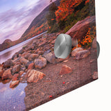 Acrylic print of a large abstract depiction of Acadia, Maine, using mid-century modernist style in muted earth tones.