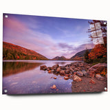 Acrylic print of Acadia National Park with lush greenery and sunset hues, ideal for dining room decor.