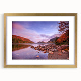 Extra large abstract art print of Acadia scenery in textured style, muted earth tones, framed in gold.