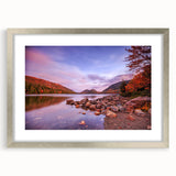 Textured abstract art print of Acadia, Maine, in muted earth tones, framed in silver, ideal for bedroom art.