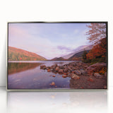 Mid-century modernist art depicting Acadia National Park in muted earth tones on a silver-framed acrylic print.