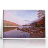 Acadia National Park scenery on white framed acrylic, featuring calm blue and green tones, ideal for modern art wall decor.